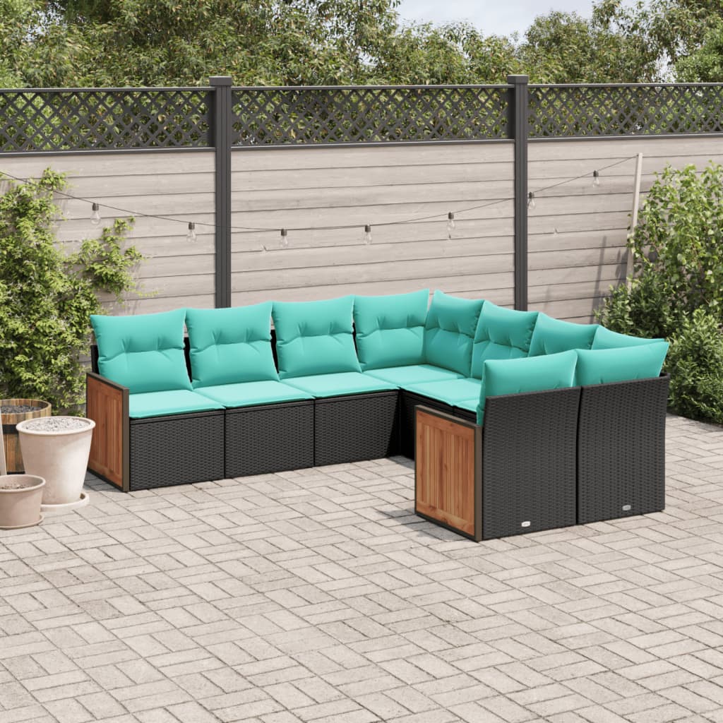 8-delt havesofast med hynder sort polyrattan