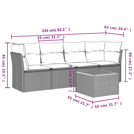 sofasæt 5 dele med hynder polyrattan grå