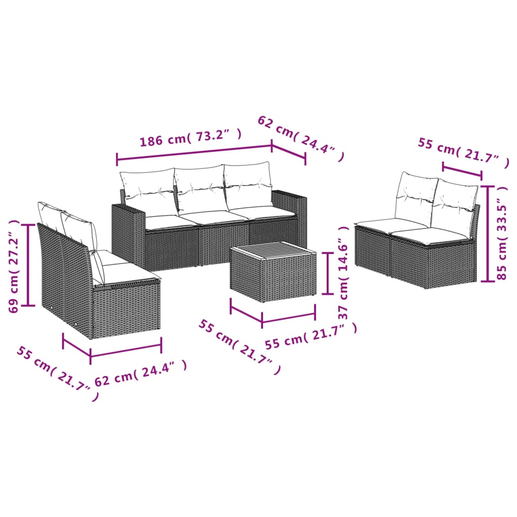 sofasæt til haven 8 dele med hynder polyrattan grå