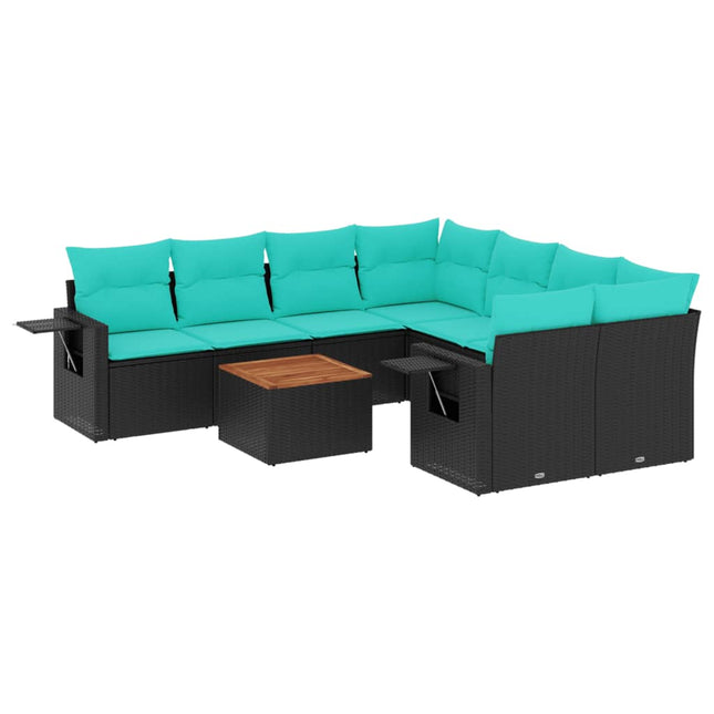 havesofasæt med 9 dele og hynder sort polyrattan