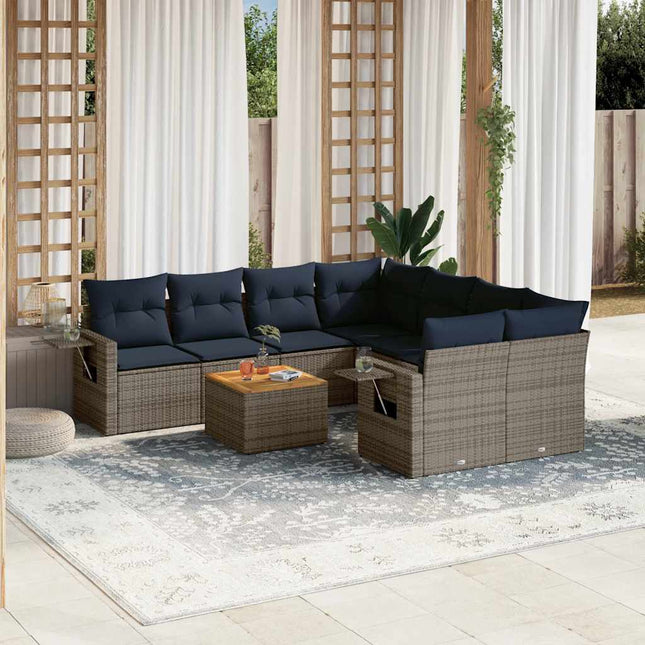 havesofasæt med 9 dele og hynder grå polyrattan