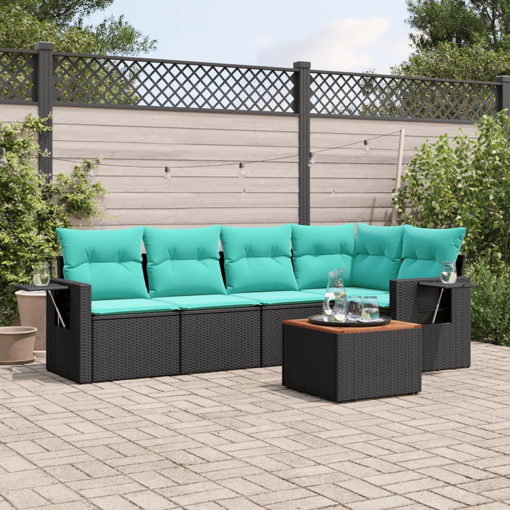 havesofasæt med 6 hynder sort polyrattan