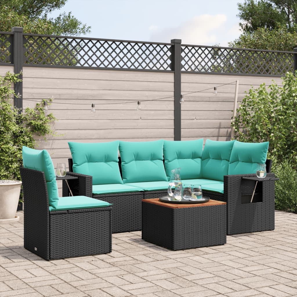 havesofasæt med 6 hynder sort polyrattan