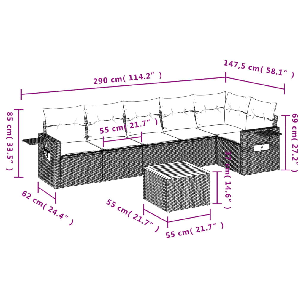 havesofasæt med 7 hynder sort polyrattan