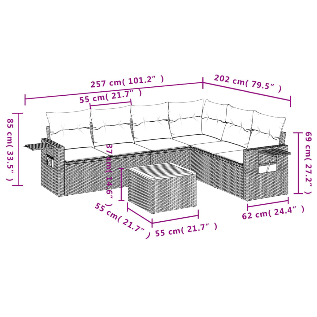 havesofasæt med 7 hynder sort polyrattan
