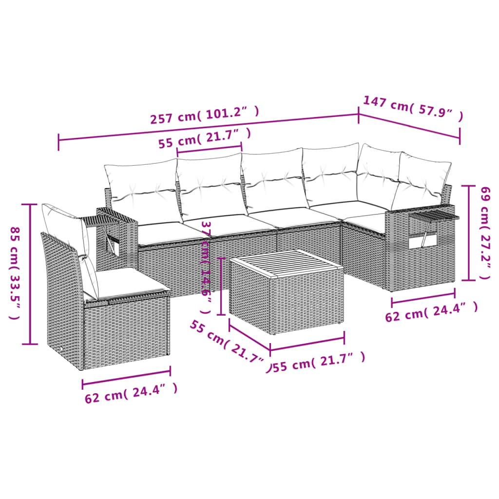 havesofasæt med 7 hynder sort polyrattan