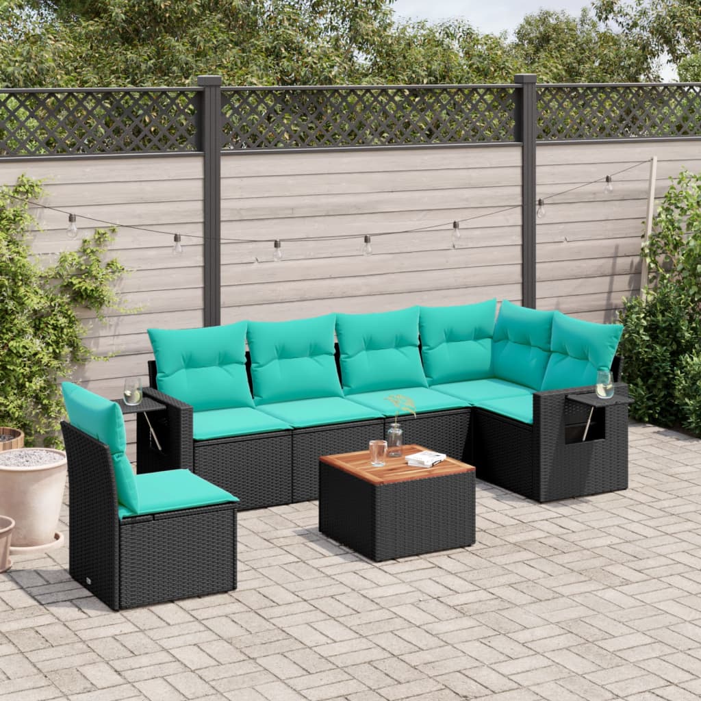 havesofasæt med 7 hynder sort polyrattan