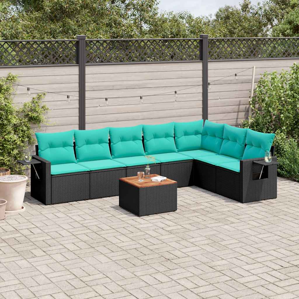 8-delt havesofast med hynder sort polyrattan
