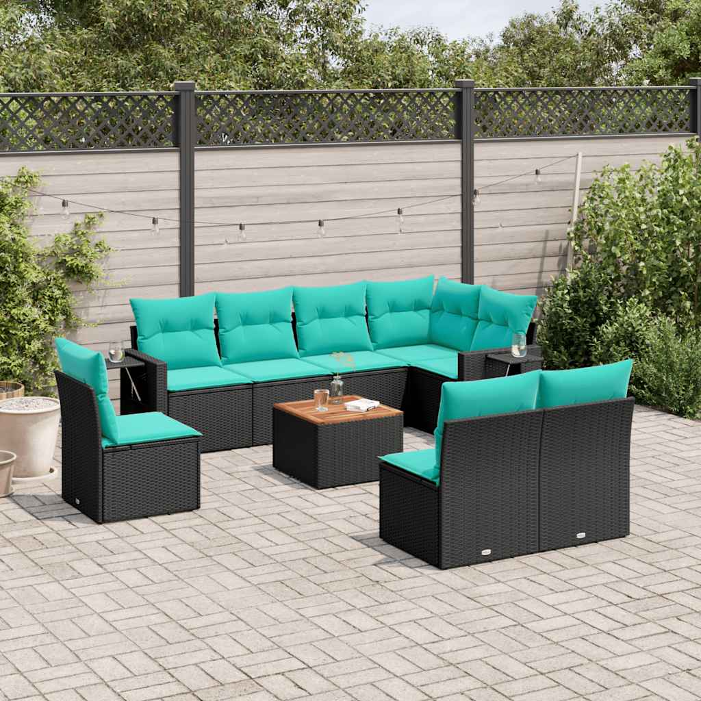 havesofasæt med 9 dele og hynder sort polyrattan