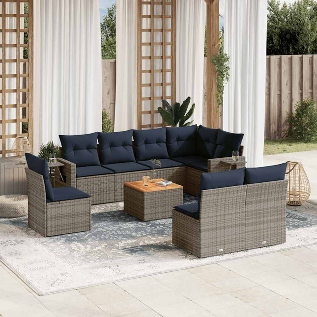 havesofasæt med 9 dele og hynder grå polyrattan