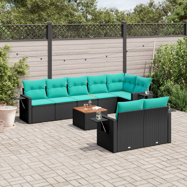 havesofasæt med 9 dele og hynder sort polyrattan