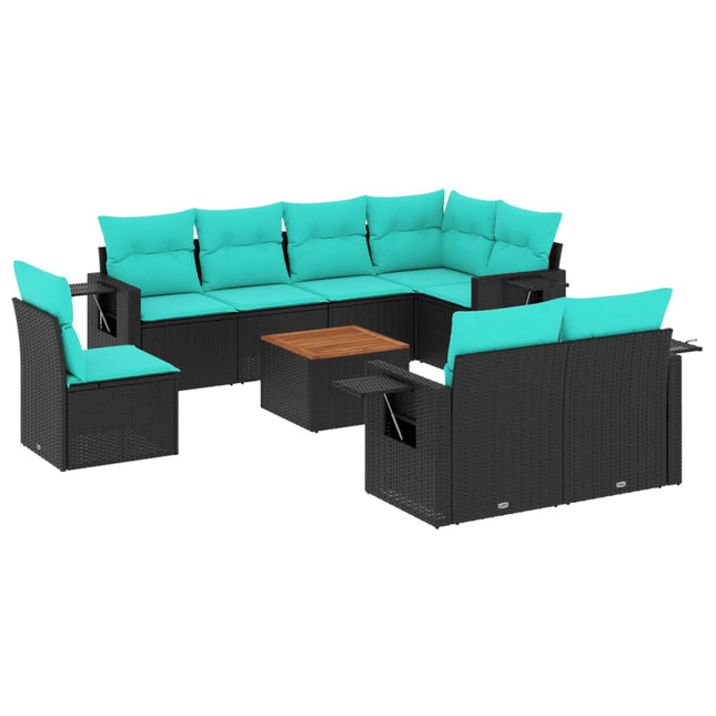 havesofasæt med 9 dele og hynder sort polyrattan