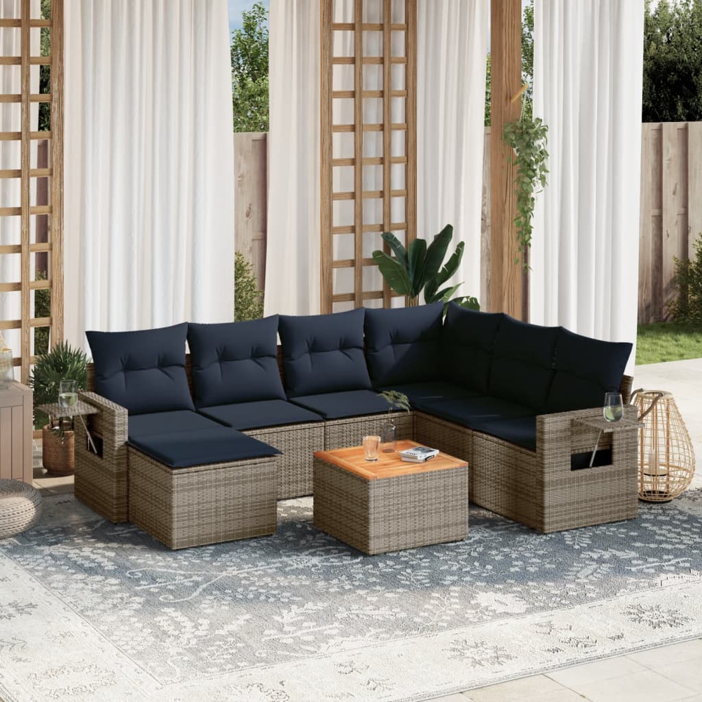havesofasæt med 8 hynder grå polyrattan