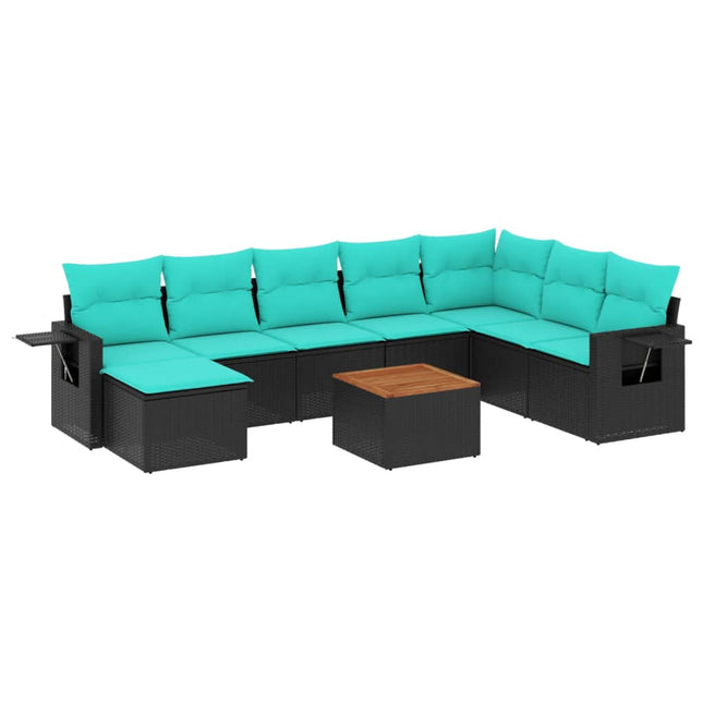 havesofasæt med 9 dele og hynder sort polyrattan