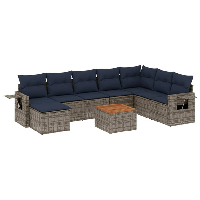 havesofasæt med 9 dele og hynder grå polyrattan