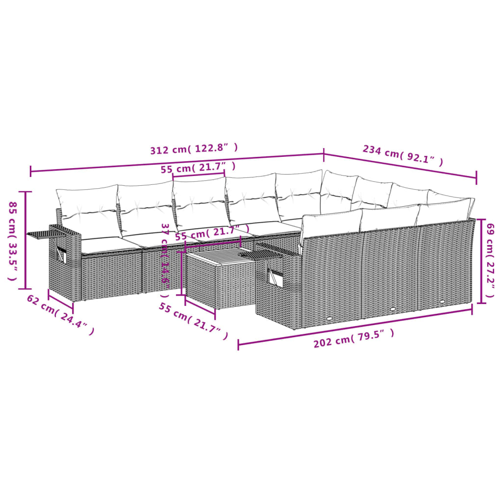 11-delt havesofasæt med hynder grå polyrattan