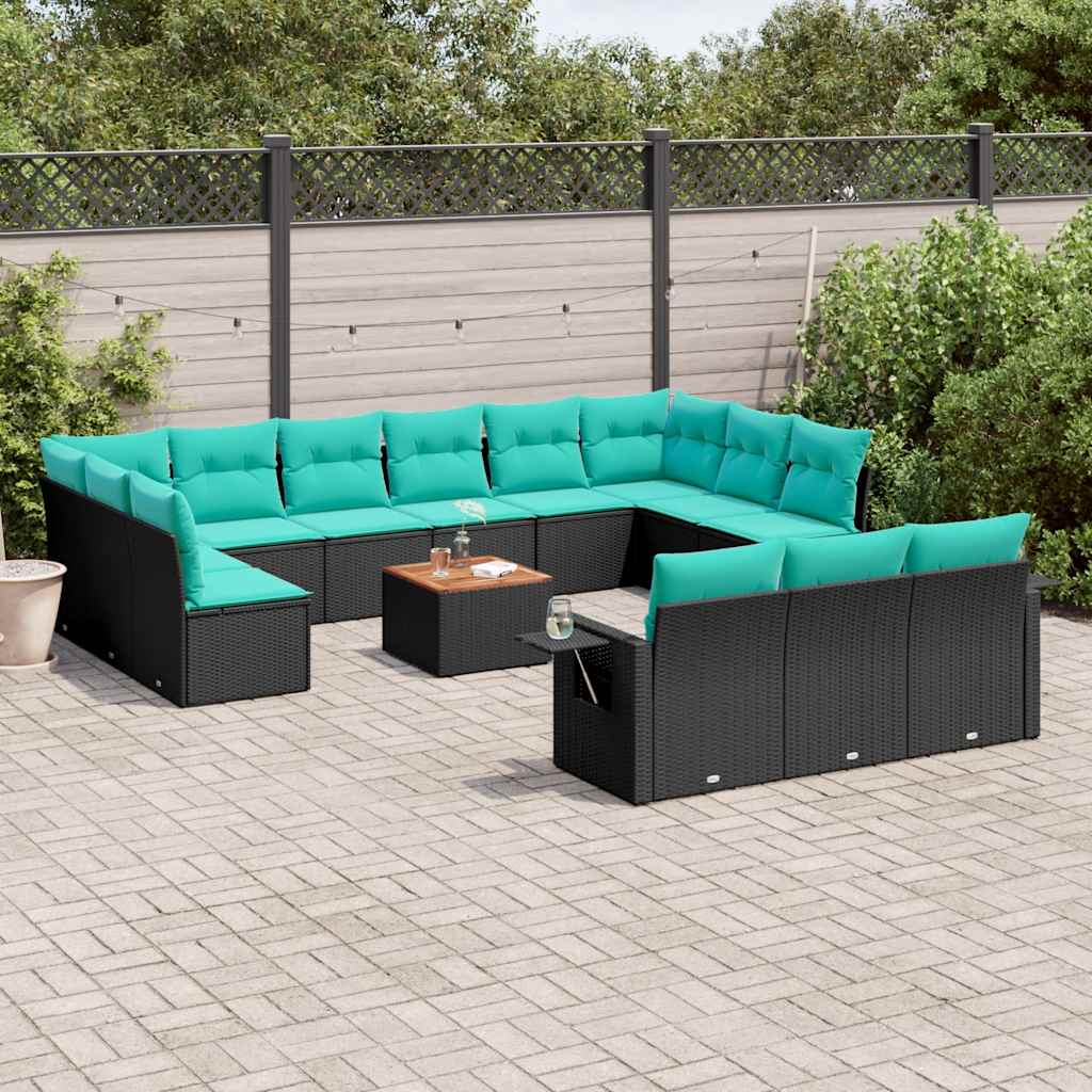 14-delt havesofast med hynder sort polyrattan