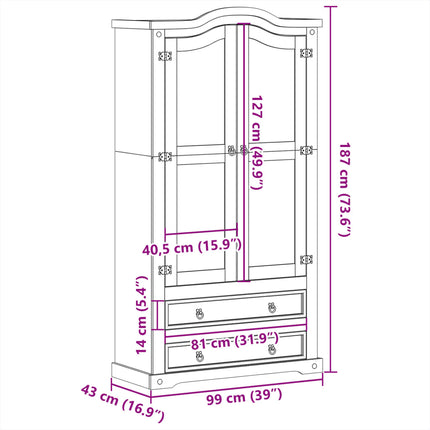 glasskab Corona 99x43x187 cm massivt fyrretræ