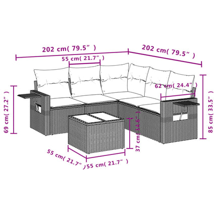 havesofasæt med 6 hynder sort polyrattan