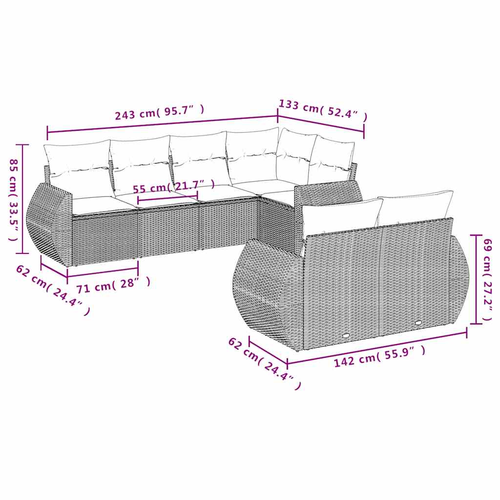 havesofasæt med 7 hynder sort polyrattan