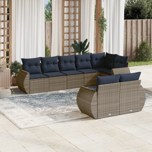 havesofasæt med 8 hynder grå polyrattan