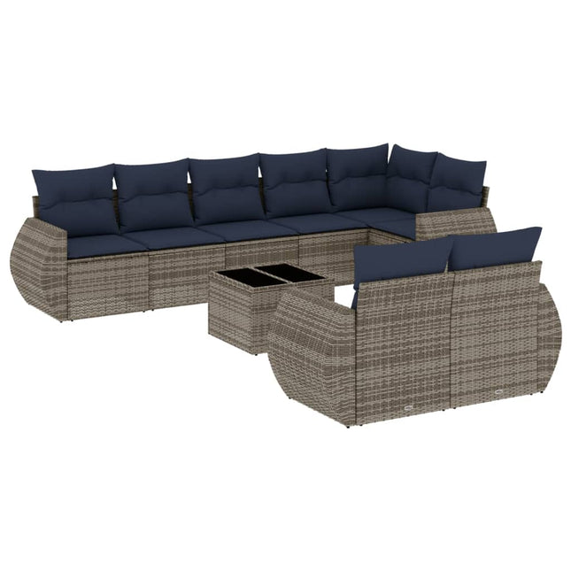 havesofasæt med 9 dele og hynder grå polyrattan