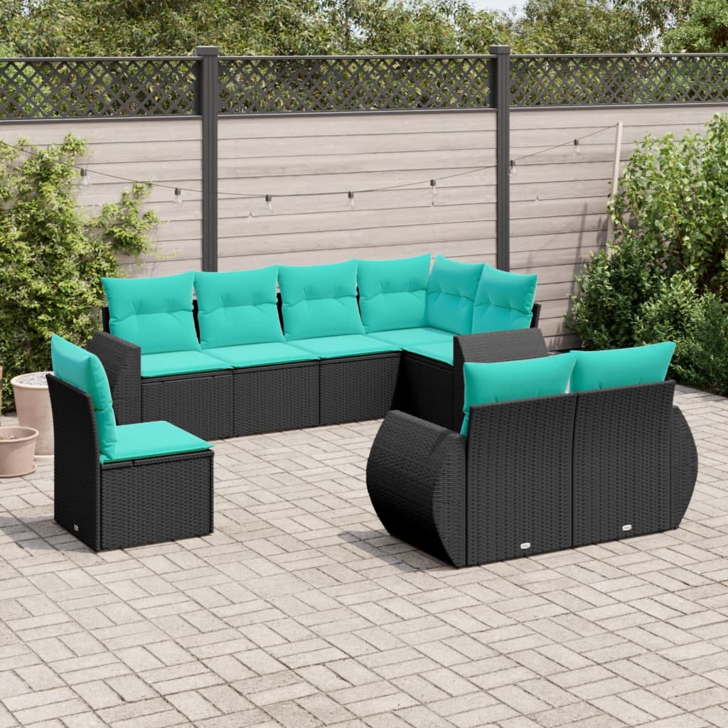 8-delt havesofasæt i sort polyrattan med blå hynder - modulært loungesæt