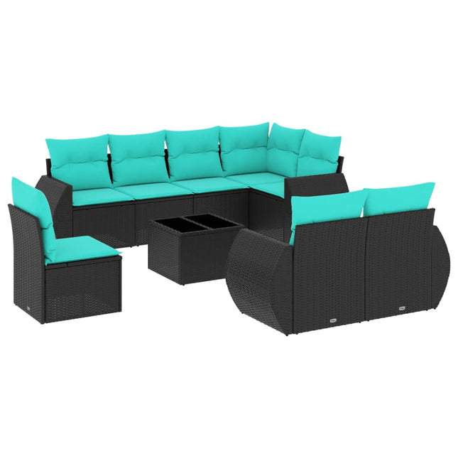 havesofasæt med 9 dele og hynder sort polyrattan