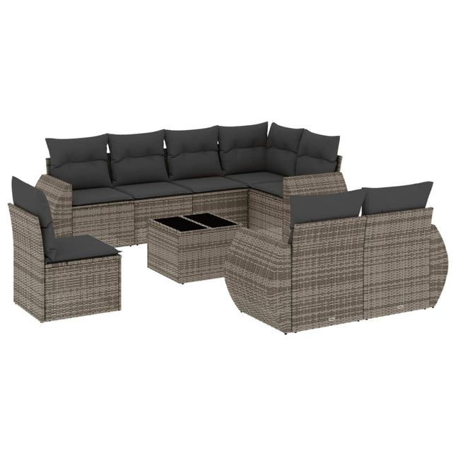 havesofasæt med 9 dele og hynder grå polyrattan