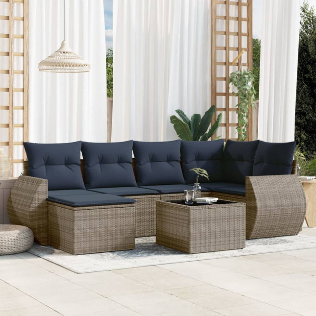 havesofasæt med 7 dele og hynder grå polyrattan