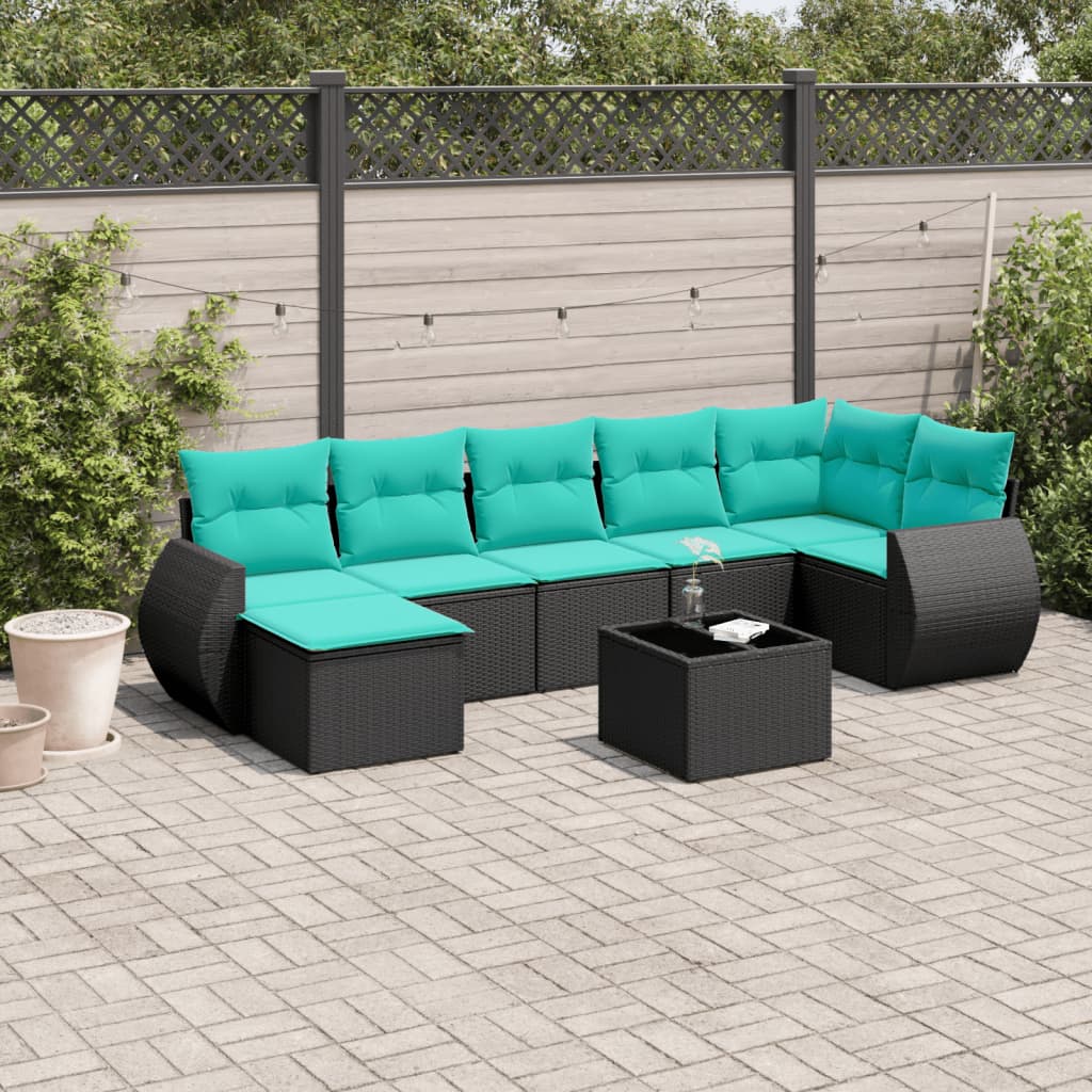 8-delt havesofast med hynder sort polyrattan