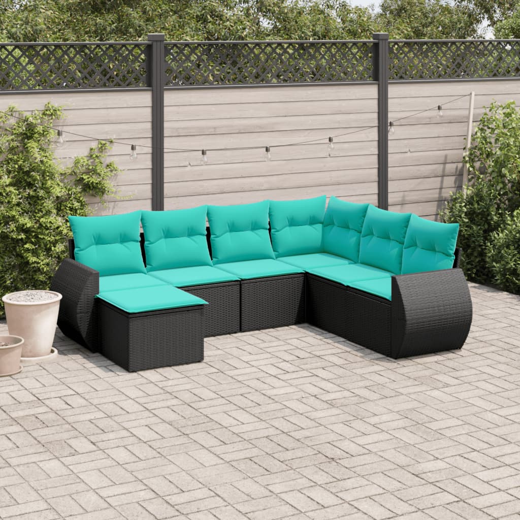 havesofasæt med 7 hynder sort polyrattan