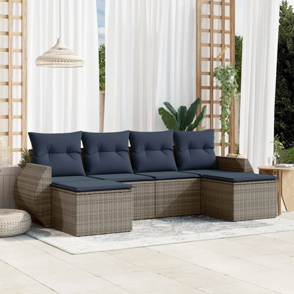 havesofasæt med 6 dele og hynder grå polyrattan