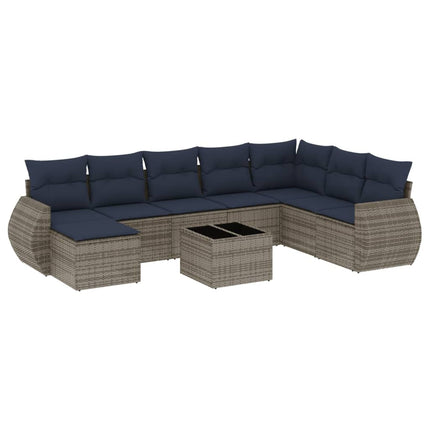 havesofasæt med 9 dele og hynder grå polyrattan