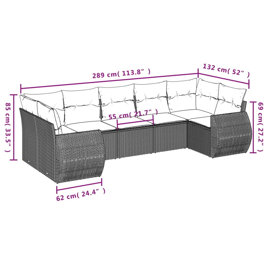 havesofasæt med 7 hynder sort polyrattan