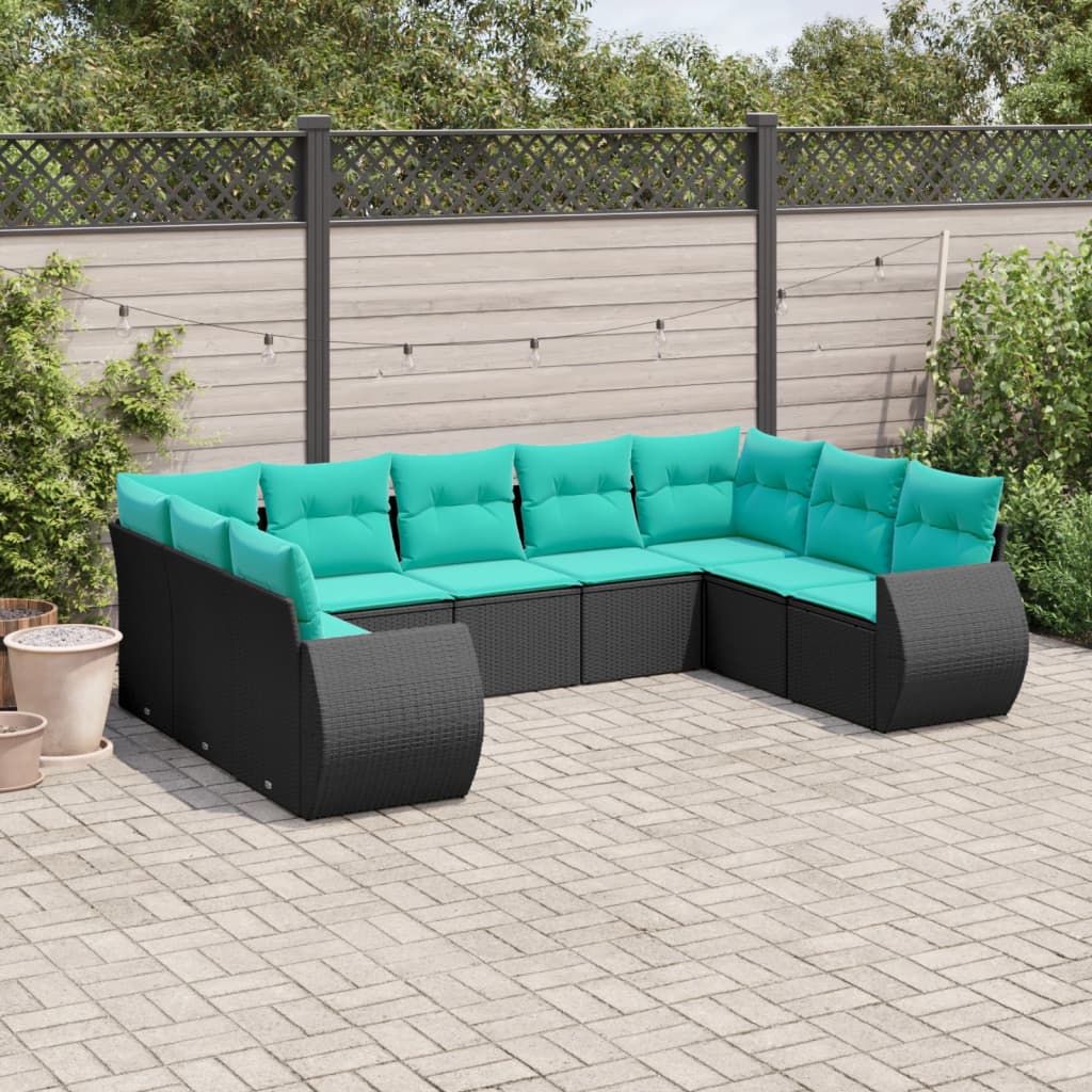 havesofasæt med 9 dele og hynder sort polyrattan