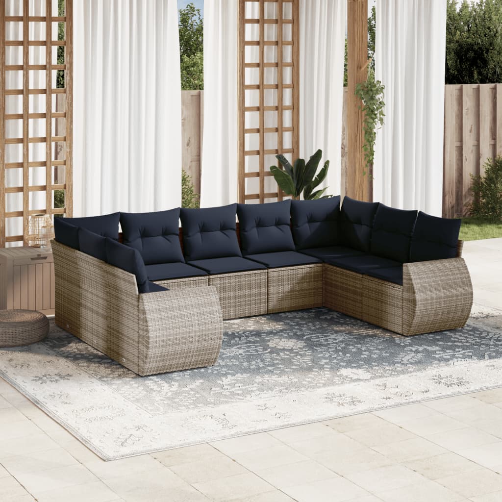 havesofasæt med 9 dele og hynder grå polyrattan