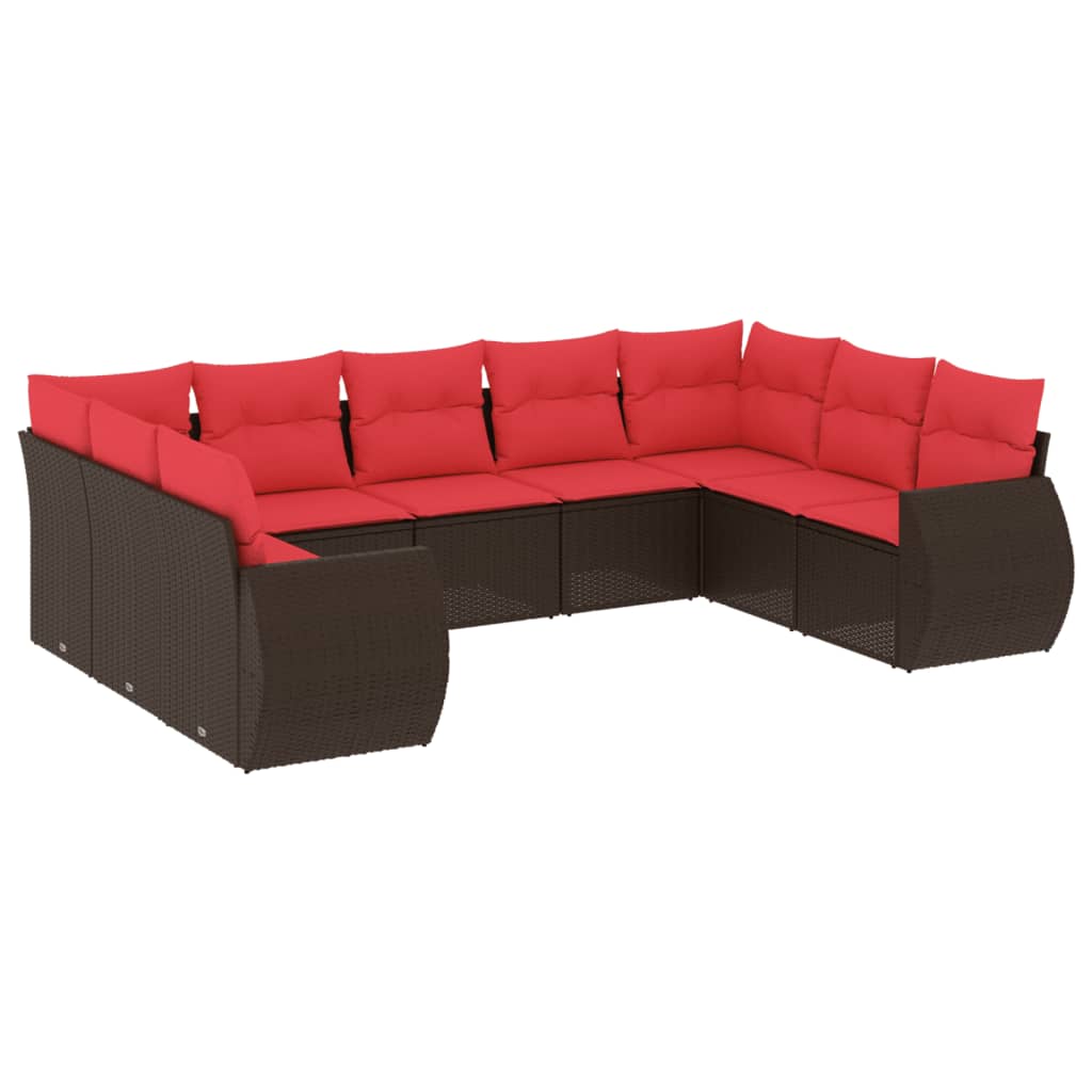 havesofasæt med 9 dele og hynder brun polyrattan