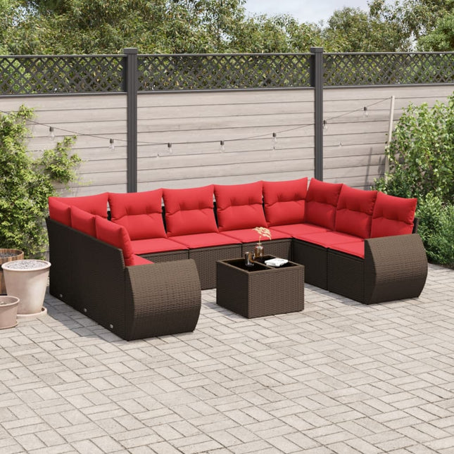 havesofasæt med 10 hynder brun polyrattan