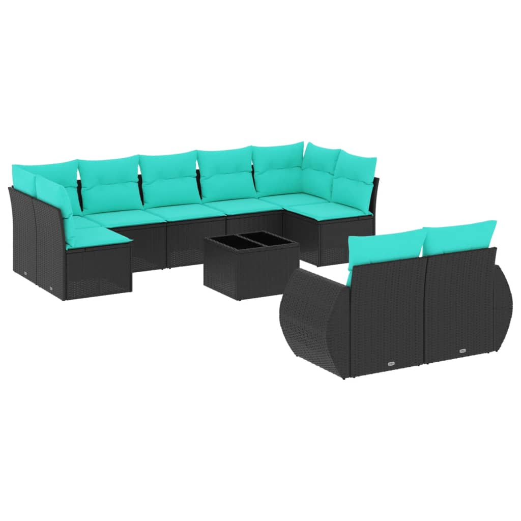 havesofasæt med 10 hynder sort polyrattan