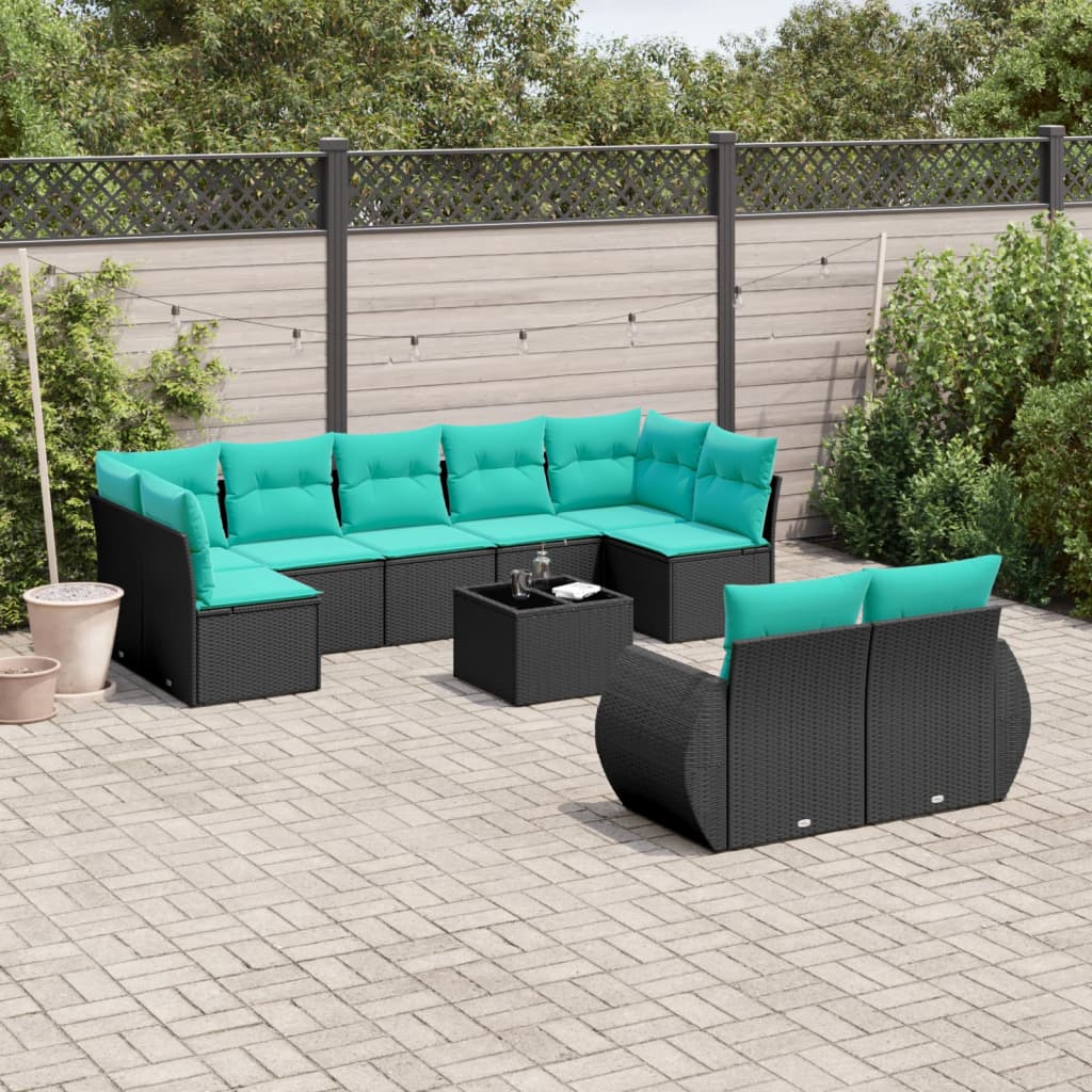 havesofasæt med 10 hynder sort polyrattan