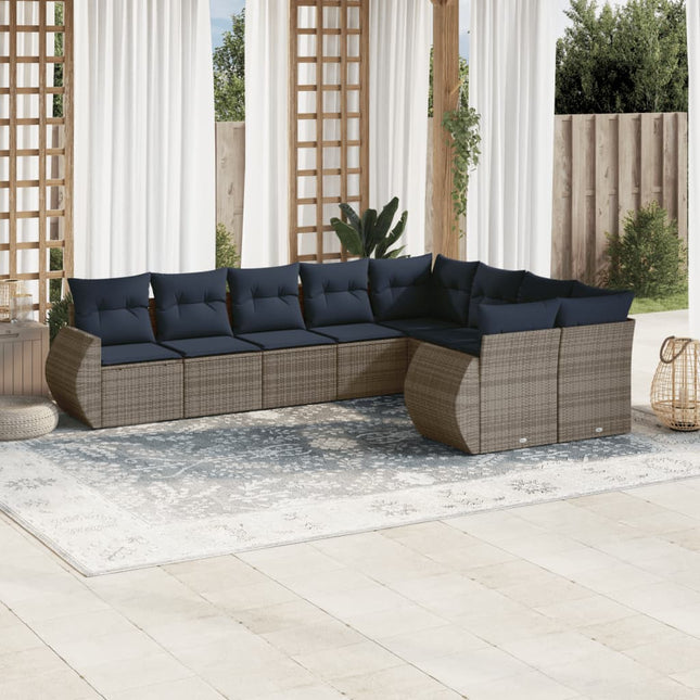 havesofasæt med 9 dele og hynder grå polyrattan