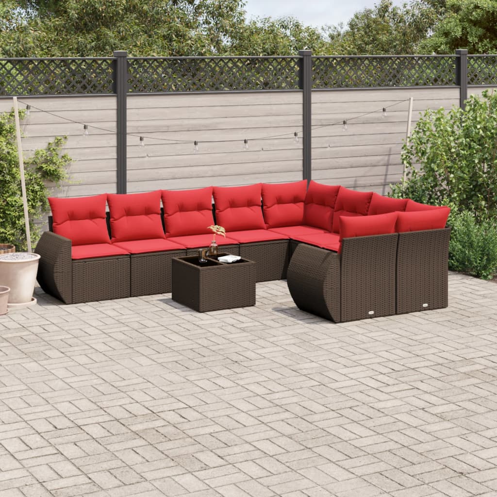 havesofasæt med 10 hynder brun polyrattan
