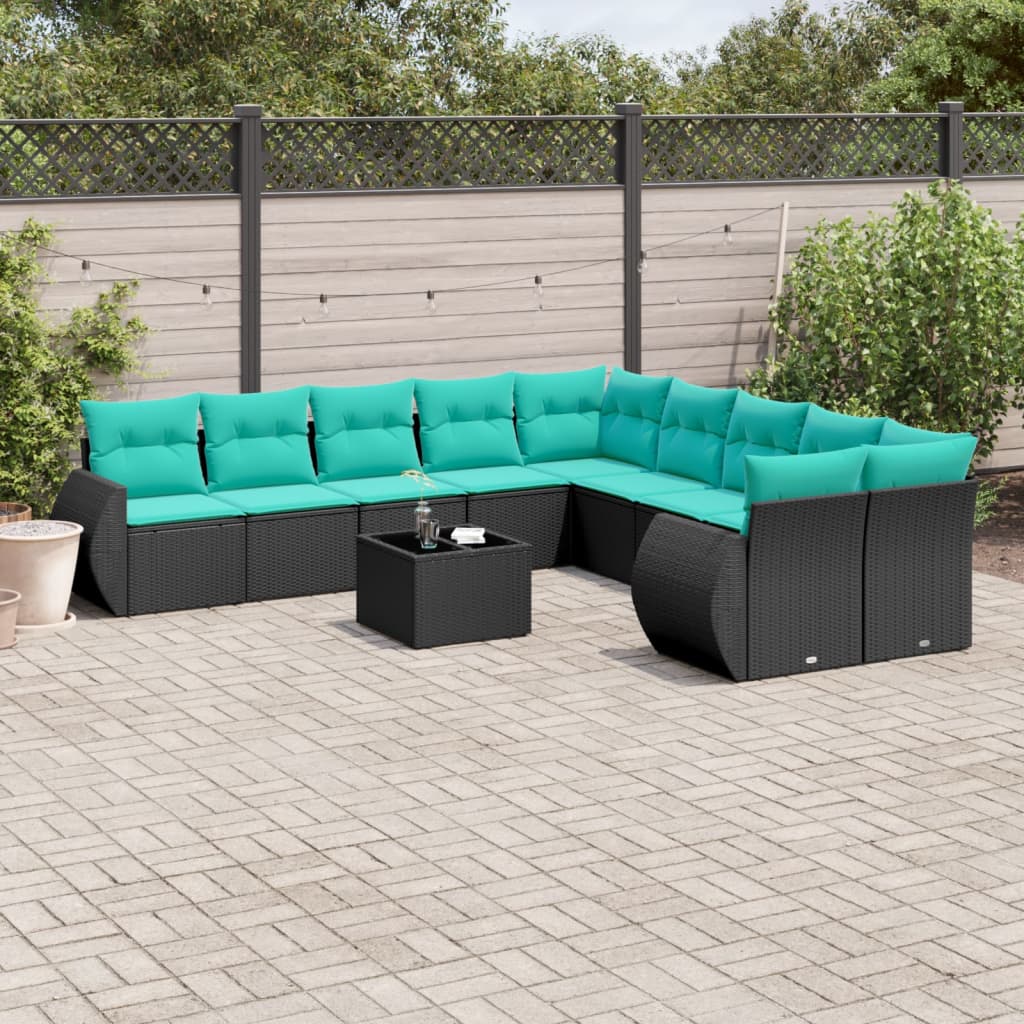 11-delt havesofast med hynder sort polyrattan
