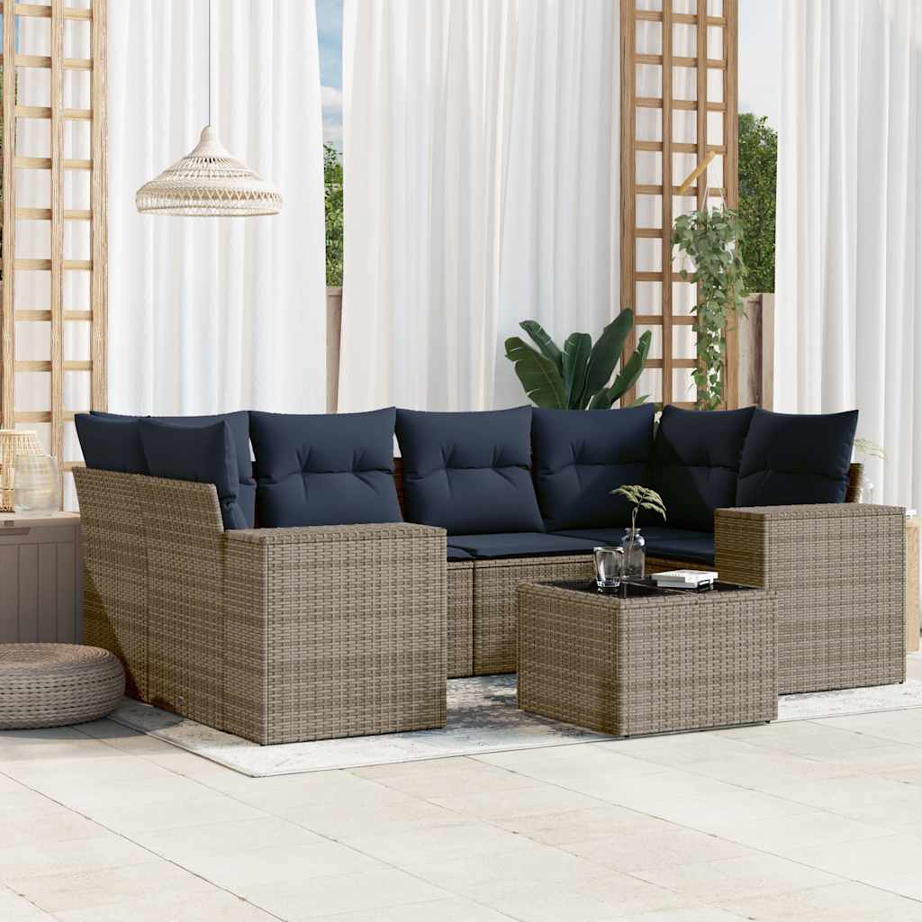 havesofasæt med 7 dele og hynder grå polyrattan