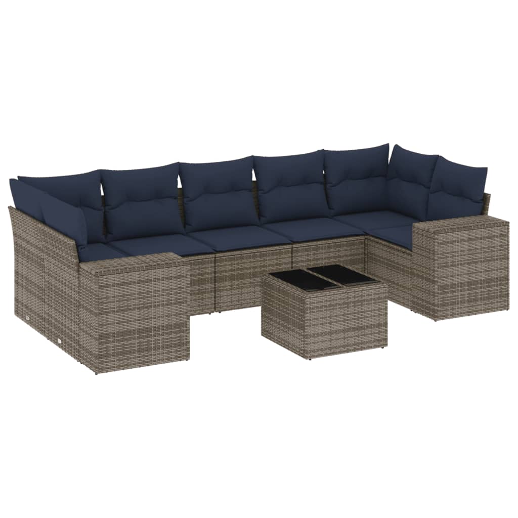 havesofasæt med 8 hynder grå polyrattan
