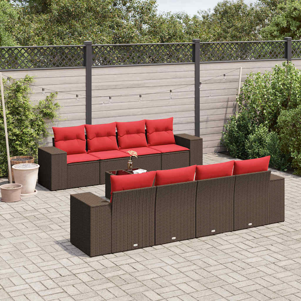havesofasæt med 9 dele og hynder brun polyrattan