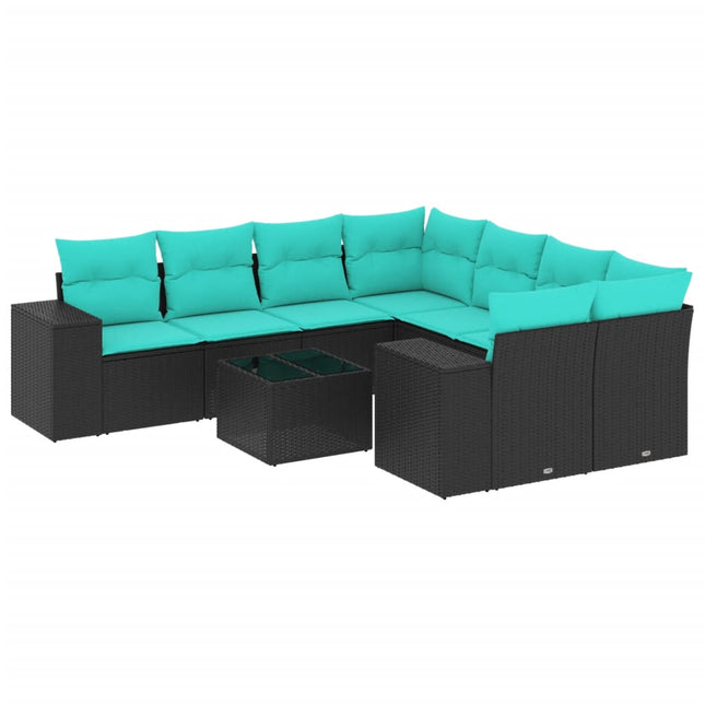 havesofasæt med 9 dele og hynder sort polyrattan