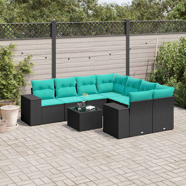 havesofasæt med 9 dele og hynder sort polyrattan