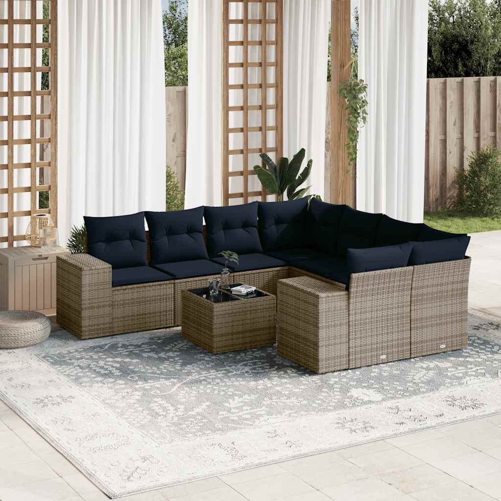 havesofasæt med 9 dele og hynder grå polyrattan